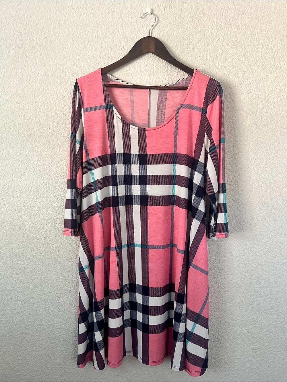Paisley Grace Pink Plaid Swing Tunic Dress 3/4 Sleeve
